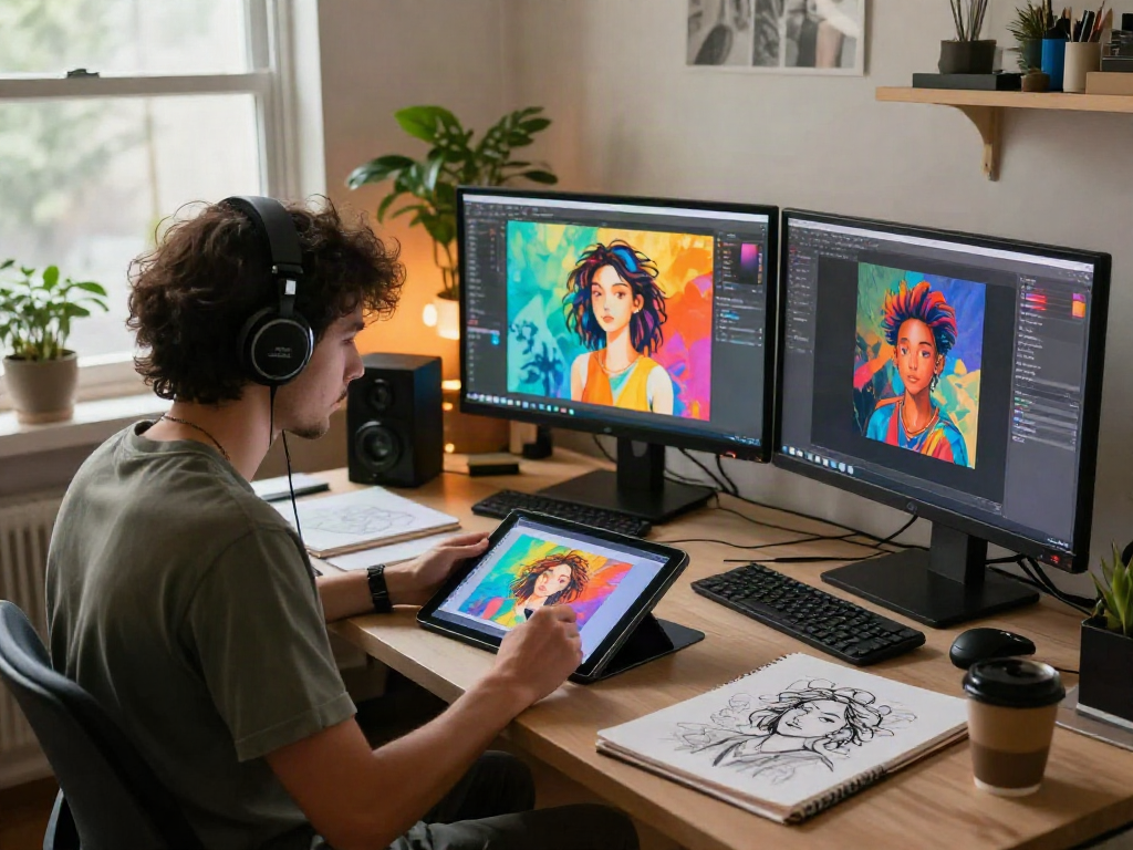 AI NSFW artist creating vibrant digital art in a creative workspace.