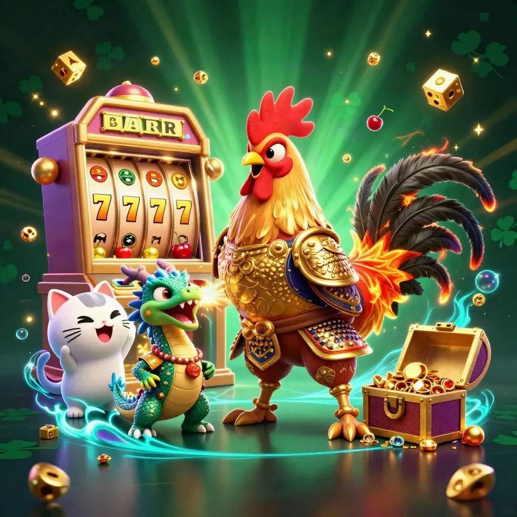 Rooster samurai, spark-breathing hatchling and fortune cat amid a bursting slot machine and gold.