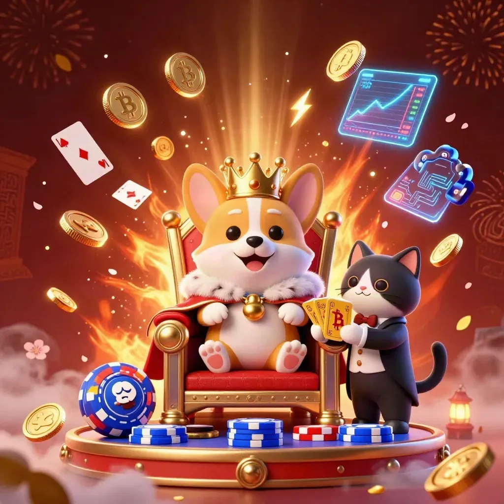 Royal corgi and cat butler amid vault coins, fireworks, and neon casino tech