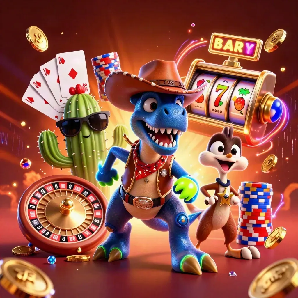 Cowboy T-Rex, cactus sidekick and roadrunner amid casino coins, chips and glowing slot reels.