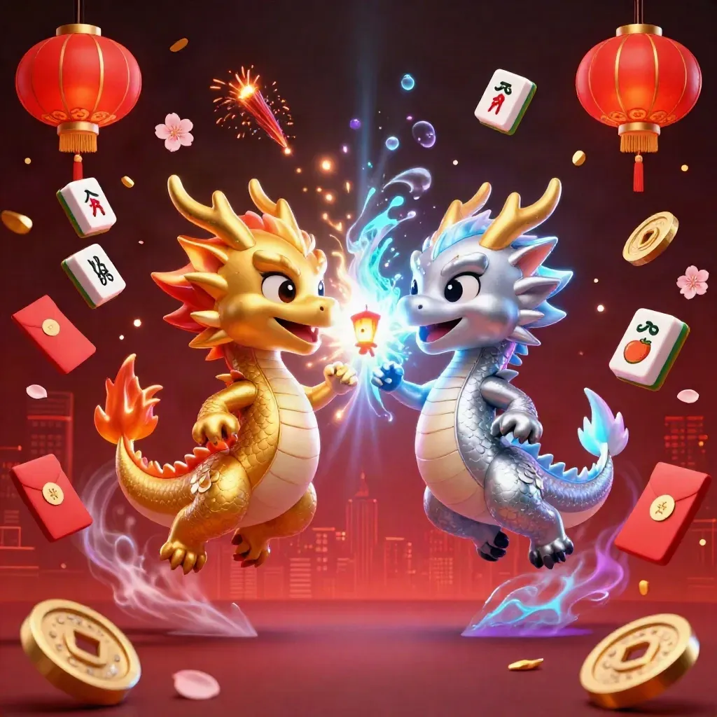 Gold and silver dragons form a yin-yang of fire and ice amid casino symbols and neon light.